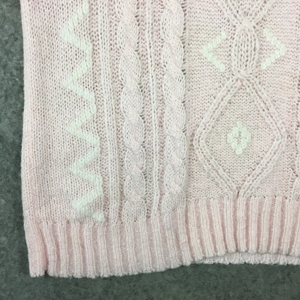 Vintage Grandma Sweater M Pastel Pink Cable Knit Oversized Balloon Sleeve White